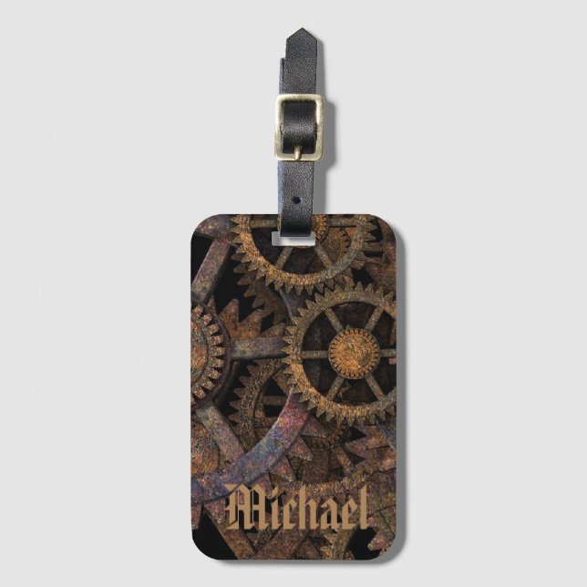 Steampunk Cogs and Wheels Personalised Bagagebricka (Framsida vertikal)