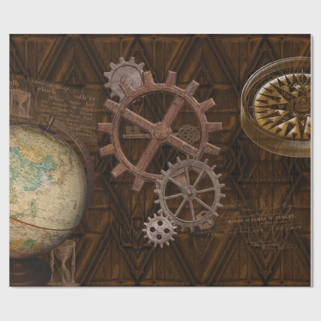 Steampunk Cogs , Gears & World Globe Design Presentpapper (Platt)