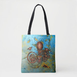 Steampunk Collage Aqua Copper Tote Bag Tygkasse