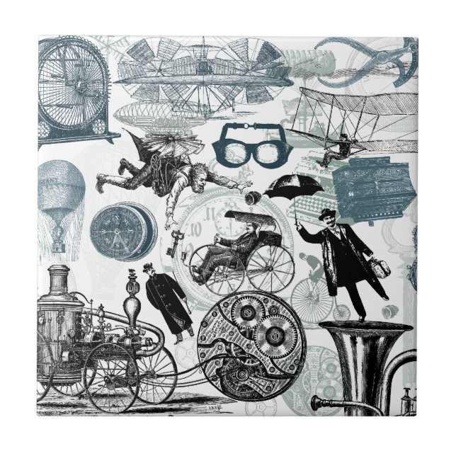 Steampunk Collage Colorized Kakelplatta (Framsidan)