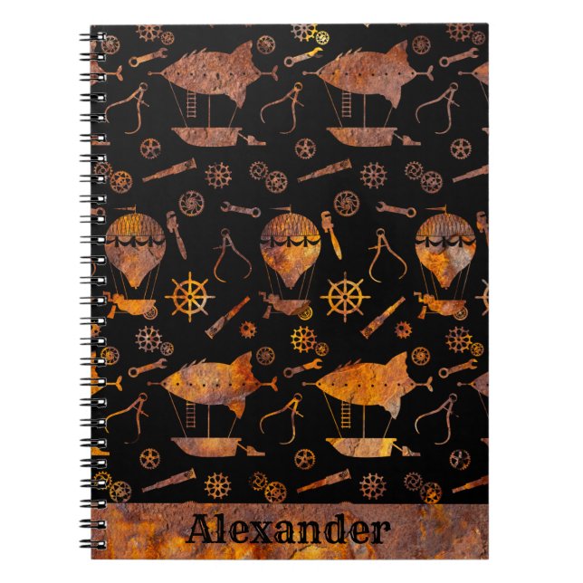 Steampunk Colorful Rusty Airship Tema Ditt namn Anteckningsbok (Framsidan)