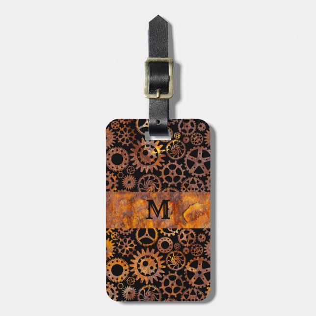 Steampunk Colorful Rusty Steel Gears Monogram Bagagebricka (Vertikal Framsida)