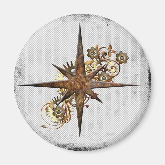 Steampunk Compass Star Grunge Magnet (Framsidan)