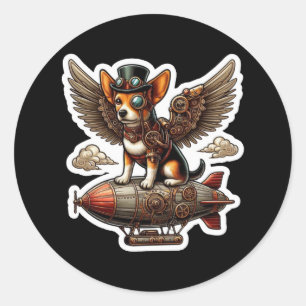 Steampunk Corgi Äventyr Sticker - Whimsical Flyi Runt Klistermärke