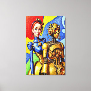 Steampunk Cute Girl och Maskin Friend Canvastryck