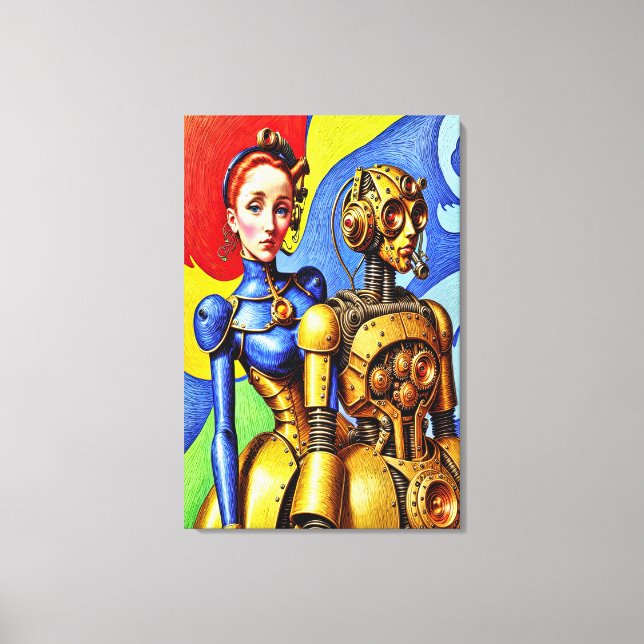 Steampunk Cute Girl och Maskin Friend Canvastryck (Framsida)