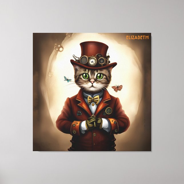 Steampunk Cute Rusty Fantasy Vintage Cat Art Canvastryck (Framsida)