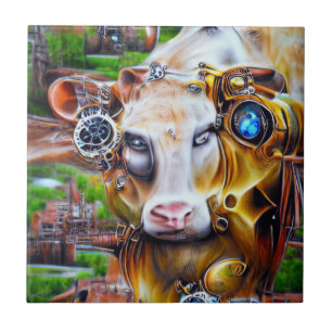 Steampunk Cyber Cow Kakelplatta