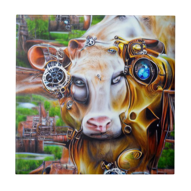 Steampunk Cyber Cow Kakelplatta (Framsidan)