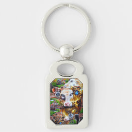 Steampunk Cyber Cow Rektangulärt Silverfärgad Nyckelring
