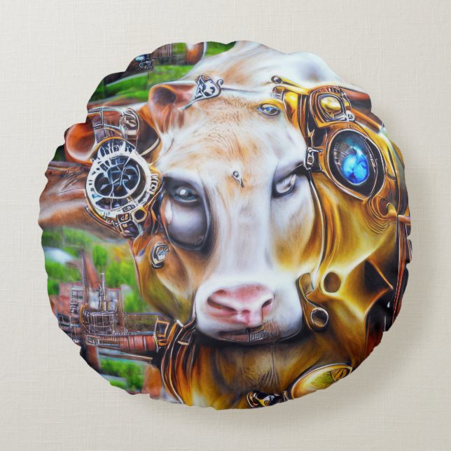 Steampunk Cyber Cow Rund Kudde (Framsidan)