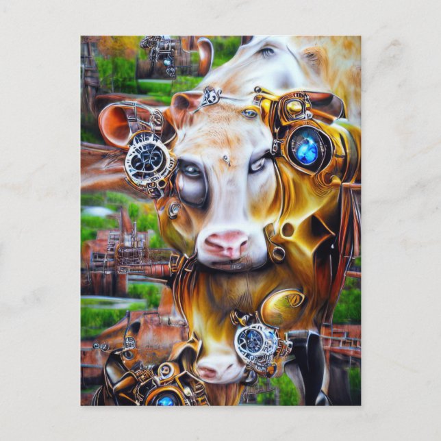 Steampunk Cyber Cow Vykort (Framsida)