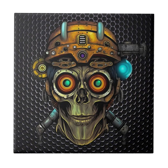 Steampunk Cyborg Skalle Keramisk Platta Kakelplatta (Framsidan)