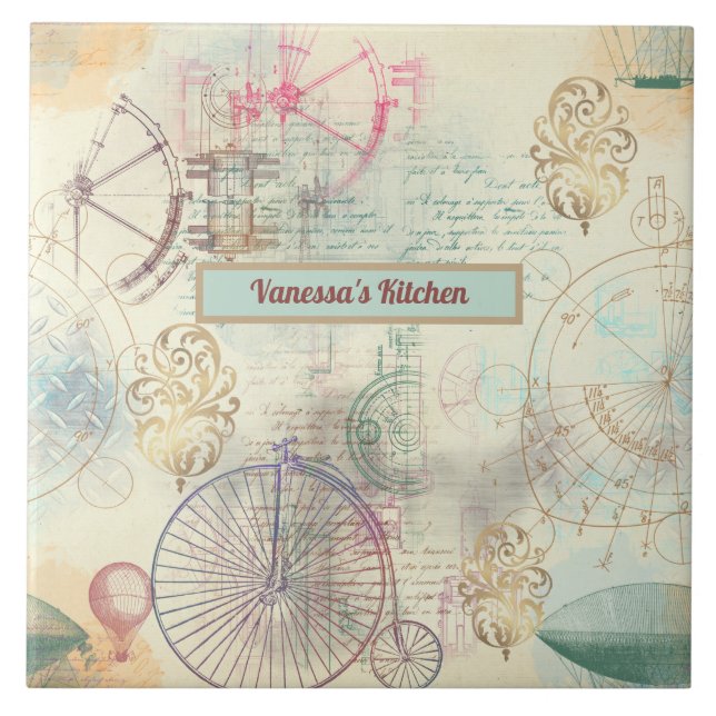 Steampunk Cycle Airships och Verktyg Kitchen Kakelplatta (Framsidan)