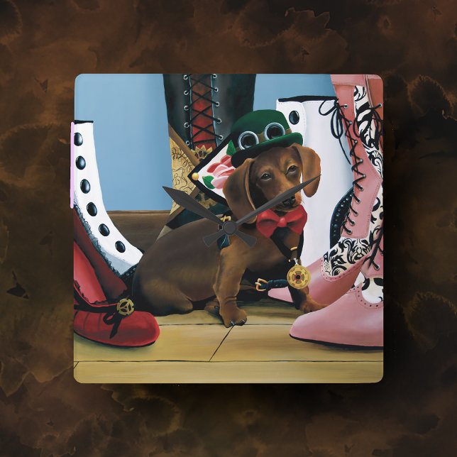 Steampunk Dachshund Shoes Boots Victorian Fyrkantig Klocka (Skapare uppladdad)