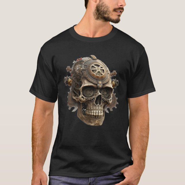 Steampunk Dark Skull Retro Scifi Mechanical Gear C T Shirt (Framsida)