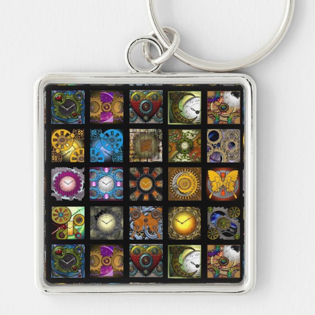 Steampunk designer fyrkantig silverfärgad nyckelring (Framsidan)