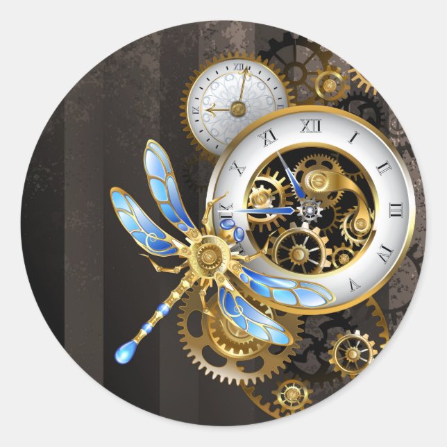 Steampunk Dials with Dragonfly Runt Klistermärke (Framsida)