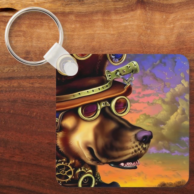 Steampunk Digital Art Hund Porträtt Nyckelring (Framsida)