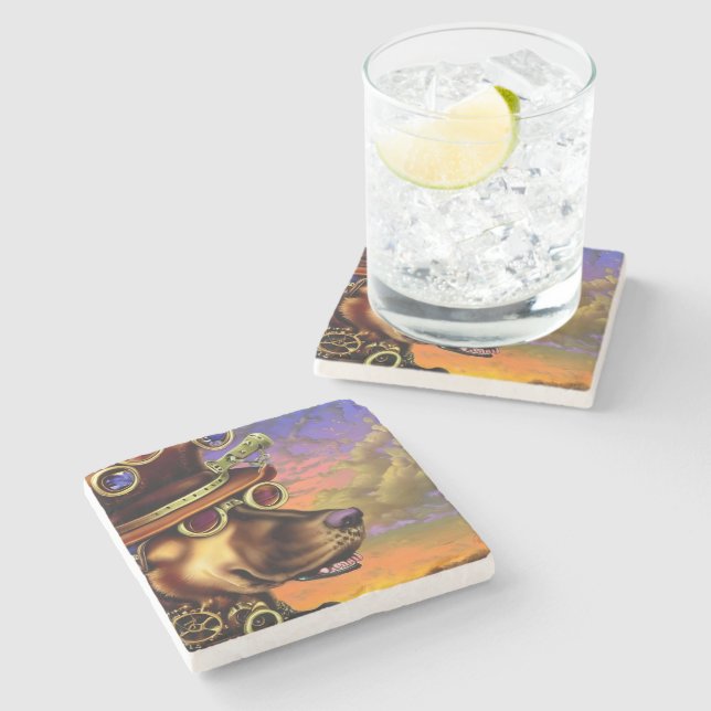 Steampunk Digital Art Hund Porträtt Stenunderlägg (Sidan)