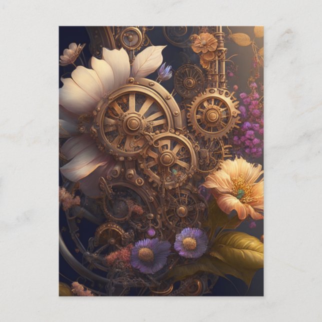 Steampunk Door med Lila blommor Vykort (Framsida)