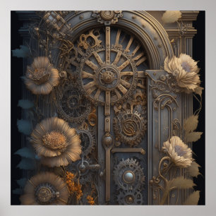 Steampunk Door with Flowers Poster