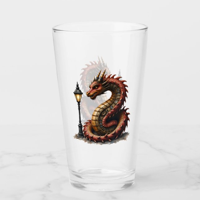 Steampunk Dragon bredvid en gatulampa i vintage. Glaskopp (Framsida)