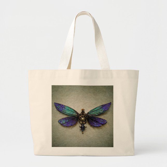 Steampunk Dragonflies Blue Grönt Lila Jumbo Tygkasse (Framsidan)