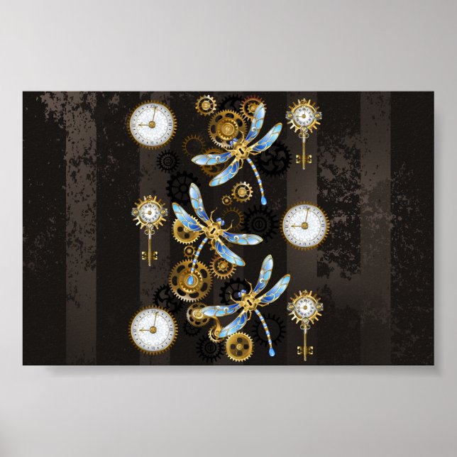 Steampunk Dragonflies on brown striped background Poster (Framsidan)