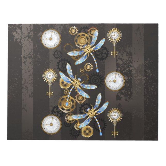Steampunk Dragonflies på brun strimmig bakgrund Anteckningsblock (Framsida)