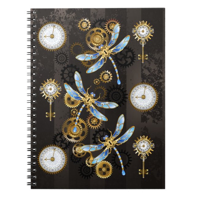 Steampunk Dragonflies på brun strimmig bakgrund Anteckningsbok (Framsidan)