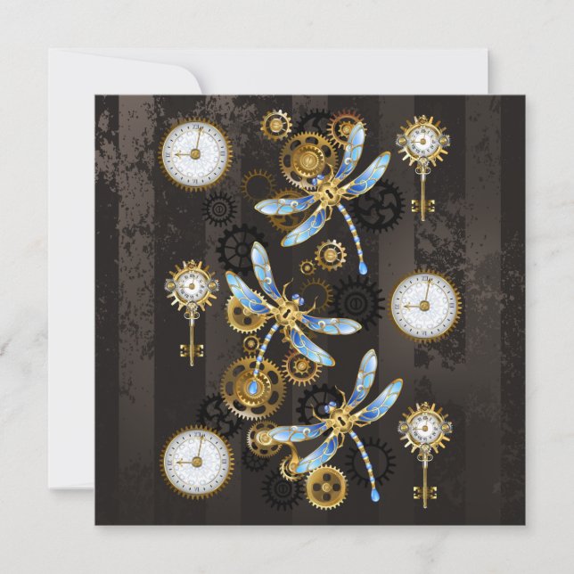 Steampunk Dragonflies på brun strimmig bakgrund Anteckningskort (Framsida)