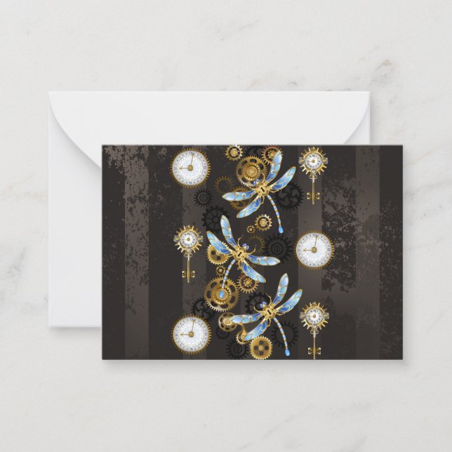 Steampunk Dragonflies på brun strimmig bakgrund Anteckningskort (Framsida)
