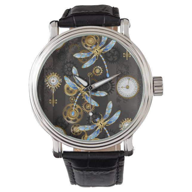 Steampunk Dragonflies på brun strimmig bakgrund Armbandsur (Framsida)