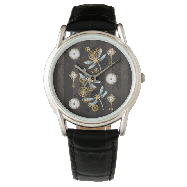 Steampunk Dragonflies på brun strimmig bakgrund Armbandsur (Framsida)