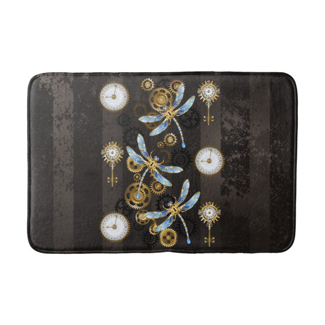 Steampunk Dragonflies på brun strimmig bakgrund Badrumsmatta (Framsidan)