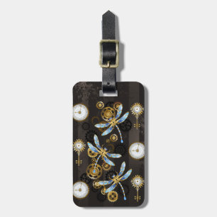 Steampunk Dragonflies på brun strimmig bakgrund Bagagebricka