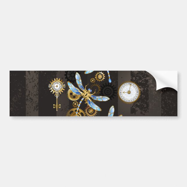 Steampunk Dragonflies på brun strimmig bakgrund Bildekal (Framsidan)