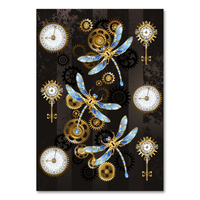 Steampunk Dragonflies på brun strimmig bakgrund Bordsnummer (Framsidan)