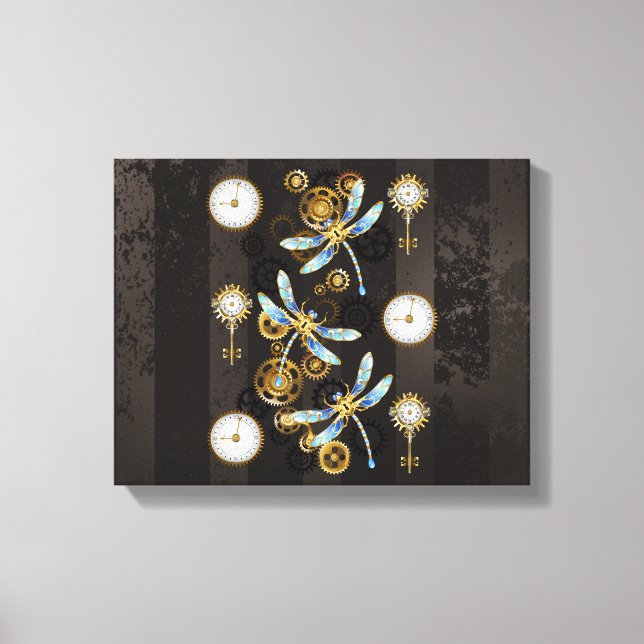 Steampunk Dragonflies på brun strimmig bakgrund Canvastryck (Framsida)