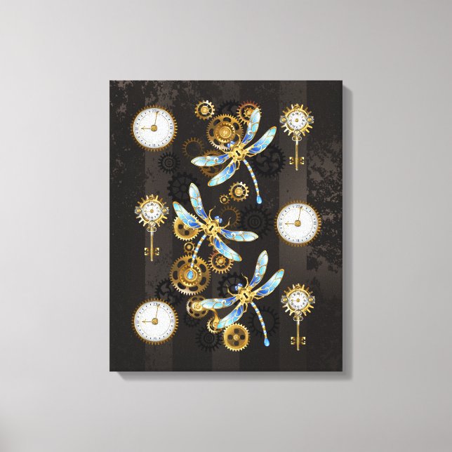 Steampunk Dragonflies på brun strimmig bakgrund Canvastryck (Framsida)
