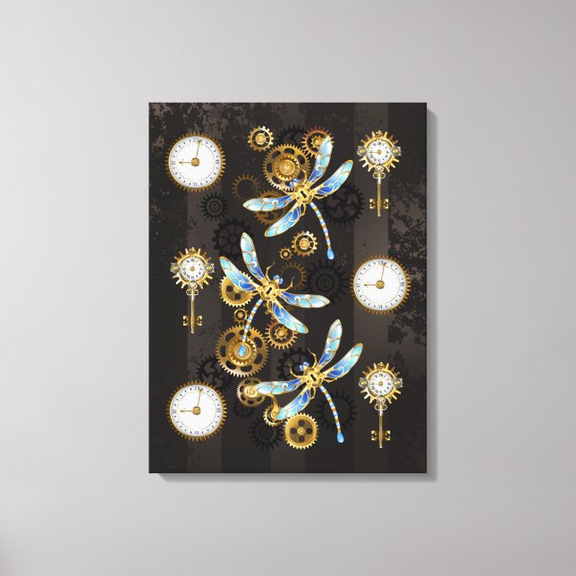 Steampunk Dragonflies på brun strimmig bakgrund Canvastryck (Framsida)
