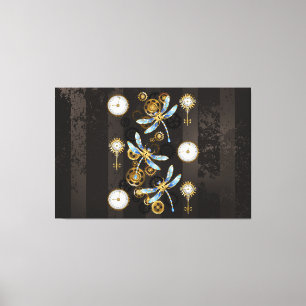 Steampunk Dragonflies på brun strimmig bakgrund Canvastryck