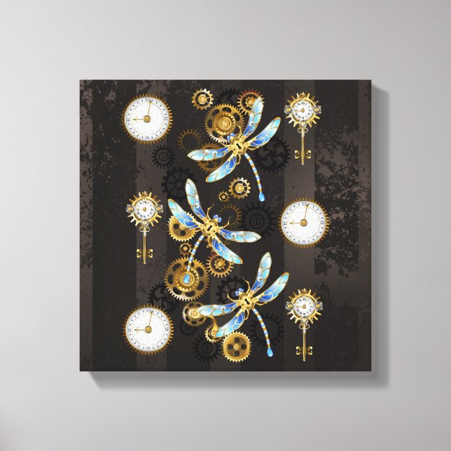 Steampunk Dragonflies på brun strimmig bakgrund Canvastryck (Framsida)