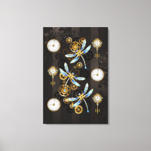 Steampunk Dragonflies på brun strimmig bakgrund Canvastryck