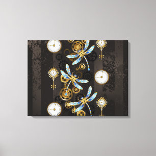 Steampunk Dragonflies på brun strimmig bakgrund Canvastryck