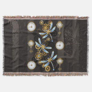 Steampunk Dragonflies på brun strimmig bakgrund Filt