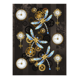 Steampunk Dragonflies på brun strimmig bakgrund Fototryck