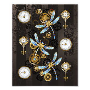 Steampunk Dragonflies på brun strimmig bakgrund Fototryck