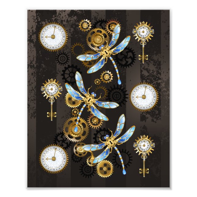 Steampunk Dragonflies på brun strimmig bakgrund Fototryck (Framsidan)